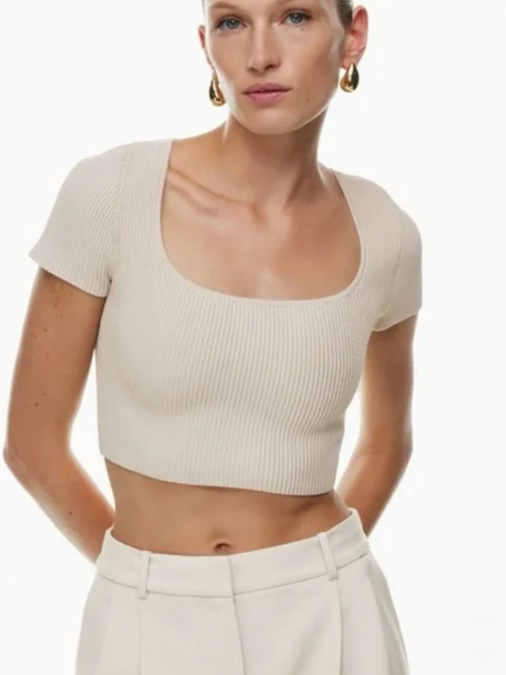 Babaton Cream Ribbed Square-Neck Crop Top